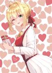  1girl ;p absurdres ahoge akagikou apron blonde_hair blush bow box braid closed_mouth collared_shirt commentary_request fate/extra fate_(series) gift gift_box green_eyes hair_bow hair_bun hair_intakes heart heart_background highres holding holding_gift long_sleeves looking_at_viewer looking_to_the_side nero_claudius_(fate) nero_claudius_(fate)_(all) one_eye_closed pleated_skirt red_apron red_bow shirt sidelocks skirt smile solo thank_you tongue tongue_out white_background white_shirt white_skirt 