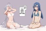  2girls and_so_they_were_both_bottoms blue_bra blue_panties blush bra covering_face embarrassed english_text kaiyamon_xv kazanari_tsubasa lingerie multiple_girls panties senki_zesshou_symphogear thigh-highs thigh_strap underwear white_bra white_panties yukine_chris yuri 