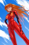  1girl blue_eyes blue_sky bodysuit breasts clouds dutch_angle evangelion:_3.0_you_can_(not)_redo feet_out_of_frame highres medium_breasts multicolored multicolored_bodysuit multicolored_clothes naito_haruto neon_genesis_evangelion nerv plugsuit rebuild_of_evangelion red_bodysuit redhead shikinami_asuka_langley sky solo souryuu_asuka_langley 