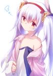  1girl absurdres animal_ears azur_lane bangs bare_shoulders camisole closed_mouth collarbone commentary_request eyebrows_visible_through_hair fur-trimmed_sleeves fur_trim hair_between_eyes hair_ornament hairband highres jacket laffey_(azur_lane) long_hair long_sleeves nyaa_(nnekoron) off_shoulder open_clothes open_jacket pink_jacket rabbit_ears red_eyes red_hairband silver_hair simple_background sleeves_past_wrists solo twintails upper_body very_long_hair white_background white_camisole 