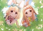  2girls :q animal_ears blonde_hair bow brown_eyes bush butterfly_net easter easter_egg egg fake_animal_ears futaba_anzu hair_bow hand_net highres ichihara_nina idolmaster idolmaster_cinderella_girls idolmaster_cinderella_girls_starlight_stage long_hair low_twintails multiple_girls orange_hair outdoors rabbit_ears red_eyes rino_cnc tongue tongue_out twintails 