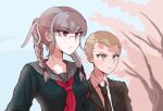  1boy 1girl bangs black_jacket blonde_hair braid breasts brown_hair closed_mouth collarbone collared_shirt commentary_request dangan_ronpa_(series) dangan_ronpa_2:_goodbye_despair eyebrows_visible_through_hair freckles glasses grey_background grey_hair hair_ribbon highres jacket kuzuryuu_fuyuhiko light_frown long_hair medium_breasts mole mole_under_mouth neckerchief necktie open_clothes open_jacket outdoors pale_skin pekoyama_peko red_eyes red_neckwear ribbon sailor_collar school_uniform serafuku shirt short_hair silver_hair tansug_(tansuk88) tree twin_braids upper_body very_short_hair white_background white_shirt 