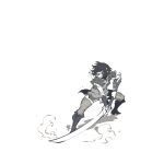  1girl boots bracer dust_cloud highres katana monochrome monster_hunter_(series) monster_hunter_rise short_hair ssambatea sword thigh-highs weapon white_background 