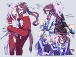  3girls absurdres animal_ears arrow_(symbol) bandaged_leg bandages black_footwear black_jacket blue_eyes blue_legwear blush boots bow brown_hair cup disposable_cup drinking_straw food frilled_jacket gold_ship_(umamusume) grey_background grey_hair high_ponytail highres holding holding_cup holding_food horse_ears horse_girl horse_tail jacket long_hair long_sleeves mejiro_mcqueen_(umamusume) miiii multicolored_hair multiple_girls one_eye_closed open_mouth pants pleated_skirt ponytail purple_hair purple_shirt purple_skirt red_jacket red_pants school_uniform shirt simple_background skirt socks streaked_hair tail taiyaki tokai_teio_(umamusume) tracen_school_uniform track_jacket track_pants track_suit translation_request umamusume upper_teeth very_long_hair violet_eyes wagashi white_bow white_footwear white_hair white_jacket white_skirt 