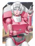  1girl arcee autobot blue_eyes clenched_hand gun head_tilt highres holding holding_gun holding_weapon leaning_to_the_side looking_at_viewer mecha no_humans science_fiction skylock smile solo transformers weapon 