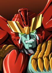  absurdres beast_wars beast_wars_neo clenched_teeth green_eyes highres jiaohougen looking_at_viewer magmatron mecha no_humans predacon science_fiction solo teeth transformers upper_body v-fin 