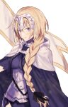  1girl armor armored_dress blonde_hair braid braided_ponytail breasts capelet cloak fate/apocrypha fate/grand_order fate_(series) flag hair_ribbon headpiece ichigawa_(lethe) jeanne_d&#039;arc_(fate) jeanne_d&#039;arc_(fate)_(all) long_hair looking_at_viewer ribbon simple_background solo white_background yellow_eyes 