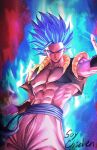  1boy abs artist_name bangs blue_hair character_request closed_mouth commentary_request cropped_vest dragon_ball energy from_below grey_eyes highres korean_commentary male_focus muscular muscular_male navel open_clothes open_vest outstretched_arm pants sash solo soy_chicken spiky_hair vest wristband 