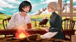  2girls 3others animal apron black_hair blonde_hair blue_eyes chair child closed_eyes clouds cloudy_sky collarbone cup day dog fire firewood flame grass heen highres holding holding_cup howl_(howl_no_ugoku_shiro) howl_no_ugoku_shiro long_sleeves looking_at_another markl mountain mountainous_horizon multiple_girls multiple_others naluse_flow older open_mouth outdoors plain pool prince_(howl_no_ugoku_shiro) rocking_chair shirt short_hair sitting sky smile sophie_(howl_no_ugoku_shiro) symbol_commentary table waist_apron water waving white_shirt witch_of_the_waste wood 