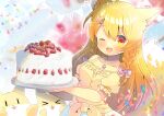  &gt;_&lt; 1girl :d ;d animal animal_ear_fluff animal_ears bangs bare_shoulders blonde_hair blurry blurry_background bow braid cake closed_eyes collarbone depth_of_field eyebrows_visible_through_hair food fox fox_ears fox_girl fox_hair_ornament fox_tail fruit hair_between_eyes hair_bow hair_ornament hairclip holding indie_virtual_youtuber jewelry kinetsuki_noa kouu_hiyoyo long_hair off-shoulder_shirt off_shoulder one_eye_closed open_mouth pendant pennant pink_bow puffy_short_sleeves puffy_sleeves red_eyes shirt short_sleeves side_braids skirt smile solo strawberry string_of_flags tail tail_raised twin_braids very_long_hair white_skirt xd yellow_shirt 
