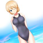  1girl arm_behind_back bangs black_swimsuit blonde_hair blue_eyes blush braid breasts commentary_request competition_swimsuit darjeeling_(girls_und_panzer) dutch_angle eyebrows_visible_through_hair girls_und_panzer hand_on_own_shoulder highleg highres large_breasts looking_at_viewer one-piece_swimsuit one_eye_closed parted_lips partial_commentary school_swimsuit short_hair solo swimsuit thigh_gap tied_hair tiyo_ryuji twin_braids twitter_username wet 
