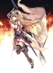  1girl applekun armor armored_boots armored_dress banner black_legwear blonde_hair blue_eyes boots breasts breasts_apart chain closed_mouth dress fate/apocrypha fate_(series) floating_hair full_body fur-trimmed_legwear fur_trim gauntlets headpiece highres holding jeanne_d&#039;arc_(fate) jeanne_d&#039;arc_(fate)_(all) leg_up long_hair medium_breasts shiny shiny_hair side_slit smile solo thigh-highs very_long_hair white_dress 