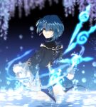  1boy bangs blue_hair blurry blurry_background chinese_clothes closed_mouth earrings frilled_sleeves frills from_behind genshin_impact jacket jewelry liquid_weapon long_sleeves looking_at_viewer looking_back male_focus malja short_hair single_earring smile solo tassel tassel_earrings water xingqiu_(genshin_impact) yellow_eyes 