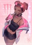  1girl alternate_costume apex_legends black_choker black_hairband black_shorts black_tank_top breasts can choker collarbone copyright_name cross cross_earrings double_bun drinking_straw earrings fake_horns grey_jacket hairband highres holding holding_can horns jacket jewelry leaning_back lifeline_(apex_legends) looking_at_viewer looking_up mizutama_(mao11260510) monster_energy off_shoulder pink_eyes pink_hair short_shorts shorts small_breasts solo tank_top 