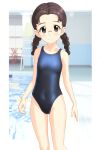  1girl absurdres black_hair blue_swimsuit braid brown_eyes collarbone competition_swimsuit covered_navel cowboy_shot flat_chest forehead fukuda_haru girls_und_panzer glasses highres long_hair looking_at_viewer one-piece_swimsuit pool poolside solo standing swimsuit takafumi twin_braids twintails 