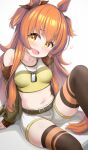  1girl :d animal_ears bangs belt black_legwear blush breasts brown_belt brown_ribbon commentary_request ear_ribbon eyebrows_visible_through_hair highres horse_ears horse_girl horse_tail kibihimi mayano_top_gun_(umamusume) medium_breasts midriff navel open_mouth ribbon shorts simple_background sitting smile solo tail thigh-highs thighs twintails two_side_up umamusume white_background white_shorts yellow_eyes 