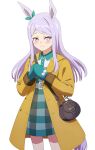  1girl animal_ears bag bangs blush coat commentary_request cowboy_shot dress ear_ribbon eyebrows_visible_through_hair green_ribbon handbag highres horse_ears horse_girl horse_tail light_purple_hair looking_at_viewer mejiro_mcqueen_(umamusume) mittens open_clothes open_coat own_hands_together pom_pom_(clothes) ribbon sabamen simple_background solo swept_bangs tail umamusume violet_eyes white_background 