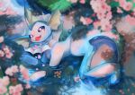  blurry commentary_request fangs from_above gen_1_pokemon highres kikuyoshi_(tracco) looking_at_viewer no_humans open_mouth paws pokemon pokemon_(creature) smile solo toes tongue vaporeon water 