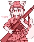  1girl 2021 animal_ears artist_name character_request closed_mouth commission copyright_request dog_ears dog_girl dog_tail eyebrows_visible_through_hair fang gun helmet holding holding_gun holding_weapon looking_at_viewer monochrome short_hair sketch smile solo tail weapon zwimmy 