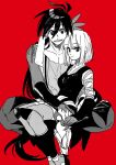  1boy 1girl arm_behind_head carrying greyscale highres jinusi katanagatari long_hair monochrome red_background short_hair squatting togame yasuri_shichika 