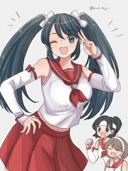  3girls black_eyes black_hair commentary_request cowboy_shot detached_sleeves isuzu_(kancolle) kantai_collection long_hair looking_at_viewer multiple_girls nagara_(kancolle) natori_(kancolle) neckerchief pleated_skirt red_neckwear red_sailor_collar red_skirt rin_(rin_niji) sailor_collar school_uniform serafuku skirt smile solo_focus twintails 