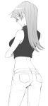  1girl ass cowboy_shot crop_top dress from_behind greyscale hair_between_eyes highres long_hair looking_at_viewer looking_back midriff monochrome pants rourou_ill simple_background sketch sleeveless_sweater solo standing straight_hair sweater sweater_dress tenjouin_asuka white_background yu-gi-oh! yu-gi-oh!_gx 
