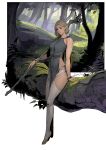  1girl absurdres bare_shoulders bracelet breasts bridal_legwear closed_mouth elf forest full_body grass grey_eyes grey_hair highres holding holding_staff jewelry leaf looking_at_viewer medium_breasts moss nature original pointy_ears short_hair sleeveless solo sonech staff standing thigh-highs tree white_background white_legwear 
