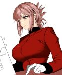  1girl bali bangs braid braided_ponytail breasts closed_mouth english_commentary eyebrows_visible_through_hair fate/grand_order fate_(series) florence_nightingale_(fate) gloves highres jacket large_breasts long_hair long_sleeves pink_hair red_eyes red_jacket solo white_background white_gloves 