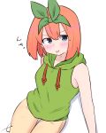  1girl :p bangs bare_arms bare_shoulders blush brown_pants closed_mouth drawstring eyebrows_behind_hair go-toubun_no_hanayome green_hoodie green_ribbon hair_between_eyes hair_ribbon highres hood hood_down hoodie kujou_karasuma nakano_yotsuba orange_hair pants ribbon shadow signature sleeveless sleeveless_hoodie smile solo thigh_gap tongue tongue_out white_background 