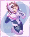  1girl :d bodysuit boku_no_hero_academia brown_eyes brown_hair character_name fingers_together full_body gloves headset highres looking_at_viewer nicame open_mouth short_hair simple_background smile solo star_(symbol) uraraka_ochako white_gloves 