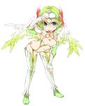  1girl breasts breasts_apart feathered_wings full_body garter_straps green_hair headband highres leaning_forward looking_at_viewer ls-lrtha navel original pointy_ears short_hair simple_background small_breasts solo thigh-highs tongue tongue_out white_background wings 