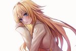  1girl applekun blonde_hair blue_eyes blush closed_mouth fate/apocrypha fate_(series) from_side hair_intakes jeanne_d&#039;arc_(fate) jeanne_d&#039;arc_(fate)_(all) long_hair long_sleeves nail_polish simple_background sleeves_past_wrists smile solo sweater very_long_hair white_background white_sweater 