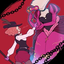  artist_name belt blush brown_hair chain closed_eyes do_m_kaeru domino_mask gloves hat hat_feather long_sleeves mask masquerade_mask milady_(persona) okumura_haru pantyhose persona persona_5 purple_gloves reaching_out red_shorts shorts signature underbust vest 