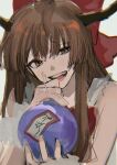  1girl :d bangs bare_shoulders blush bottle bow bowtie brown_eyes brown_hair chromatic_aberration commentary_request eyebrows_visible_through_hair fang gotagotay gourd hair_bow hands_up head_tilt highres holding holding_bottle horns ibuki_suika long_hair looking_at_viewer oni_horns open_mouth red_bow red_neckwear shirt sidelocks simple_background smile solo teeth torn_clothes touhou upper_body white_background white_shirt wrist_cuffs 