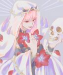  1girl absurdres black_dress breasts cape dress ellie_niunai_zhuyi_zhe flower grey_background hand_on_own_chest highres holding holding_skull hololive hololive_english large_breasts looking_down mori_calliope open_mouth pink_eyes pink_hair plant red_flower skull solo spikes tiara veil vines virtual_youtuber white_cape 