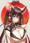  1girl 2020 animal_ears black_hair blue_eyes breasts china_dress chinese_clothes cleavage_cutout closed_mouth clothing_cutout commentary_request dress grey_background hair_ornament highres large_breasts long_hair looking_at_viewer mouse_ears mouse_tail okuma_mai original signature smile solo tail thank_you twintails upper_body 