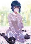  1girl arm_between_breasts bangs between_breasts between_legs black_legwear blue_hair bob_cut breasts cherry_blossoms field flower flower_field green_eyes hand_between_legs hand_on_own_chest highres looking_at_viewer megami_no_kafeterasu ono_shiragiku petals seo_kouji shadow sitting skirt smile solo sweater wariza white_skirt 