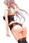  1girl arm_up ass azur_lane back bare_arms bare_shoulders black_choker black_legwear black_shirt black_shorts breasts brown_eyes camisole choker closed_mouth crop_top from_behind highres large_breasts liaowen looking_back micro_shorts midriff multicolored_hair prinz_eugen_(azur_lane) profile shirt shorts silver_hair simple_background sleeveless sleeveless_shirt solo spaghetti_strap standing streaked_hair thigh-highs thighs white_background 