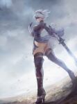  1girl absurdres ass back black_dress black_gloves black_hair blindfold dress from_below gloves hairband high_heels highres holding holding_sword holding_weapon katana nier_(series) nier_automata pantyhose puffy_sleeves short_hair solo sword theleopardcat thigh-highs thighband_pantyhose weapon white_hair yorha_no._2_type_b 