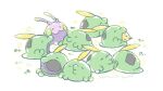  berry_(pokemon) closed_mouth commentary_request eating gen_3_pokemon gen_6_pokemon goomy grass gulpin mouth_hold no_humans odd_one_out open_mouth pokemon pokemon_(creature) sitrus_berry tsuruta_saya 