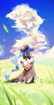  1girl absurdres ahoge back backless_outfit bare_shoulders blue_hair blue_sky clouds day detached_sleeves expressionless ganyu_(genshin_impact) genshin_impact goat_horns grass highres horns long_hair long_sleeves looking_away looking_to_the_side low_ponytail meadow outdoors profile shoulder_blades sky solo standing sunlight very_long_hair w.k wavy_hair 