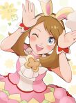  1girl ;d arms_up bangs blush brown_hair bunny_pose commentary eyelashes grey_eyes hairband looking_at_viewer may_(pokemon) nakikot_t one_eye_closed open_mouth outline pokemon pokemon_(game) pokemon_masters_ex short_sleeves skirt smile solo teeth tongue translation_request wrist_cuffs yellow_hairband 
