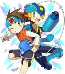  2boys :d ;) arm_cannon back-to-back black_bodysuit black_shorts blue_footwear blue_headband blue_headwear blush bodysuit boots brown_eyes brown_hair brown_vest clenched_hand commentary_request dated green_eyes grin happy headband helmet holding iroyopon lan_hikari_(mega_man) leg_up long_sleeves looking_at_viewer looking_back male_focus mega_man_(series) mega_man_battle_network megaman.exe multiple_boys netnavi one_eye_closed open_mouth personal_terminal shirt shorts signature smile spiky_hair upper_teeth vest weapon white_background white_shirt 