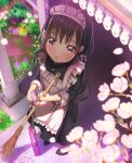  1girl abo_(kawatasyunnnosukesabu) apron bamboo_broom black_hair blurry blurry_foreground braid broom cherry_blossoms depth_of_field french_braid highres holding long_hair looking_at_viewer looking_up maid maid_apron maid_headdress original petals solo twintails 