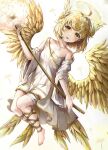  1girl :p absurdres angel angel_wings bangs barefoot blonde_hair blush breasts collarbone commentary dandelion detached_sleeves dress eyebrows_visible_through_hair feathered_wings fingernails floating flower halo head_wings highres holding holding_staff huge_filesize leg_ribbon long_sleeves medium_hair mirage_(rairudiseu) multiple_wings nail_polish original ribbon sarashi single_bare_shoulder small_breasts solo staff thick_eyebrows toenail_polish toenails tongue tongue_out white_dress wide_sleeves wings yellow_eyes yellow_nails yellow_ribbon yellow_theme yellow_wings 