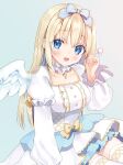  1girl :d blonde_hair blue_background blue_bow blue_eyes bow breasts commentary_request copyright_request dress feathered_wings gradient gradient_background grey_background hair_bow hand_up highres holding long_hair long_sleeves looking_at_viewer medium_breasts mimikaki open_mouth pleated_dress puffy_long_sleeves puffy_short_sleeves puffy_sleeves rimo short_over_long_sleeves short_sleeves smile thigh-highs very_long_hair virtual_youtuber white_dress white_legwear white_wings wings yellow_bow 