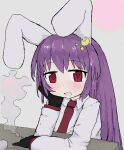  1girl :d animal_ears blush cigarette collared_shirt eyebrows_visible_through_hair gloves hair_ornament long_hair looking_at_viewer necktie open_mouth purple_hair rabbit_ears red_eyes reisen_udongein_inaba shirt smile smoking solo touhou vreparty 
