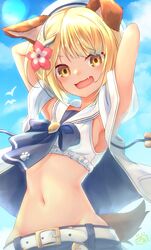  1girl :d absurdres animal_ears armpits arms_behind_head arms_up bangs bare_shoulders belt blonde_hair blue_neckwear blue_shorts blue_sky blush braid breasts clouds commentary_request cowboy_shot day dog_ears dog_tail erune eyebrows_behind_hair fang flower granblue_fantasy groin hair_flower hair_ornament hat highres hood hood_down hooded_jacket jacket kanimiso_(juutilainen77) lens_flare looking_at_viewer midriff navel neck_ribbon open_clothes open_jacket open_mouth paw_print ribbon sailor_bikini sailor_collar sailor_hat short_hair shorts sideboob sidelocks sky sleeveless sleeveless_jacket smile solo standing swimsuit tail vajra_(granblue_fantasy) white_belt white_headwear white_jacket white_sailor_collar 