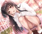  1girl bare_legs black_hair blurry blush bow cherry_blossoms depth_of_field frilled_shirt frilled_sleeves frills full_body hair_bow hand_on_own_cheek hand_on_own_face hand_on_own_knee highres idolmaster idolmaster_shiny_colors looking_at_viewer mayuzumi_fuyuko outdoors panties pantyshot petals pink_panties shirt smirk solo squatting sunlight thighs two_side_up underwear white_footwear white_shirt yuzuyu_(hyui) 