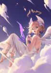  1girl above_clouds angel_wings backless_dress backless_outfit blonde_hair bracelet broken_heart clothing_request clouds commentary_request dawn dress flying green_eyes highres jewelry laurel_crown open_mouth original reclining solo tagme white_dress wings yeong-hao_han 
